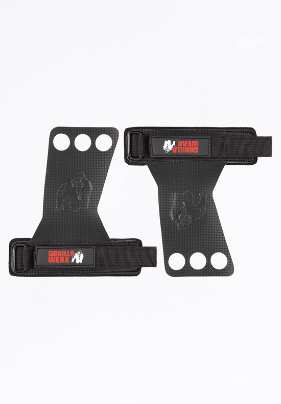Zwart carbon paar grips met drie vingergaten, klittenbandsluiting en Gorilla Wear logo.