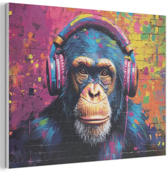 Akoestisch wandpaneel 100x70 cm - Vilt schilderij Graffiti - Chimpansee - Street art - Koptelefoon - Aap - Akoestische panelen - Geluidsdempende wanddecoratie - Geluidsisolatie woonkamer - Muurdecoratie geluidspanelen