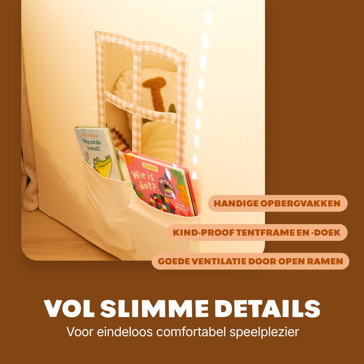 NOVOB® Speeltent - Kinder tent Jongens & Meisjes - Speelhuis voor Binnen - Kinderspeelgoed 3 t/m 8 jaar- Incl. Zachte Mat met Verlichting, 2 Vlaggetjes & Opbergvakken - Beige/Bruin — afbeelding 5