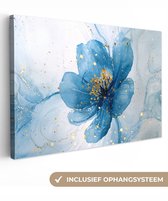 Tableau sur toile 120x80 cm - Décoration murale salle de bain Fleurs - Bleu - Or - Aquarelle - Moderne - Décoration murale WC - Accessoires décoratifs - Décoration murale toilettes - Tableaux sur toile