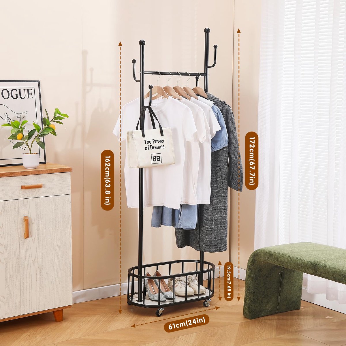 Azomor® Mobiel kledingrek met opbergmand en wielen voor veelzijdig gebruik in huis