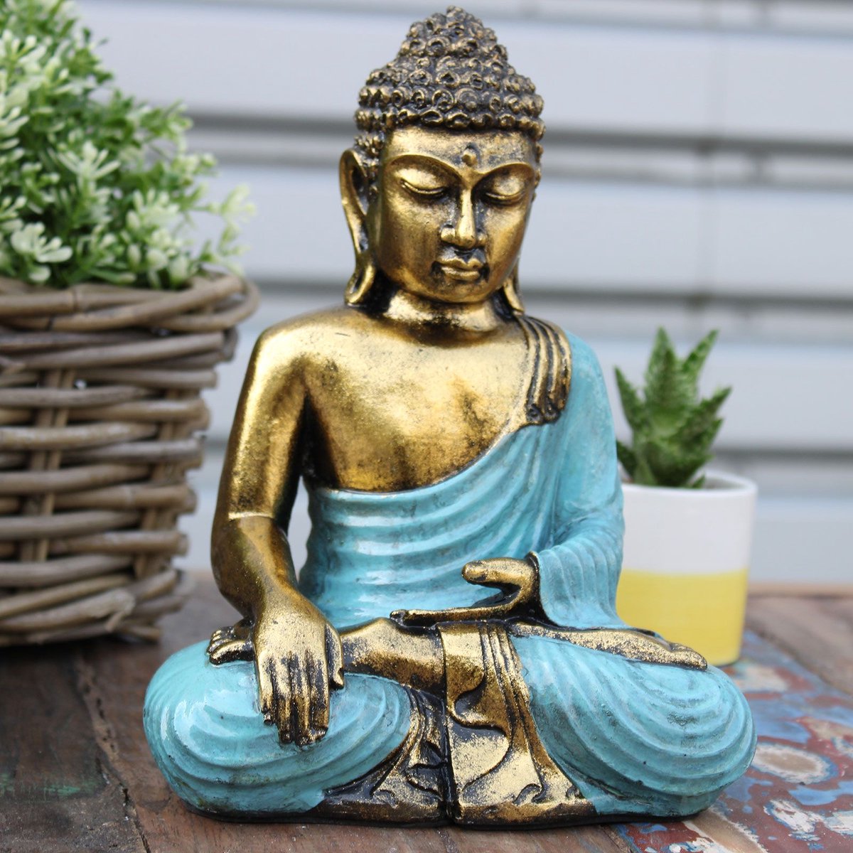 Ancient Wisdom Boeddha Beeld - Teal & Goud - Handgeschilderd - 22x14x10cm Multicolor / Goud