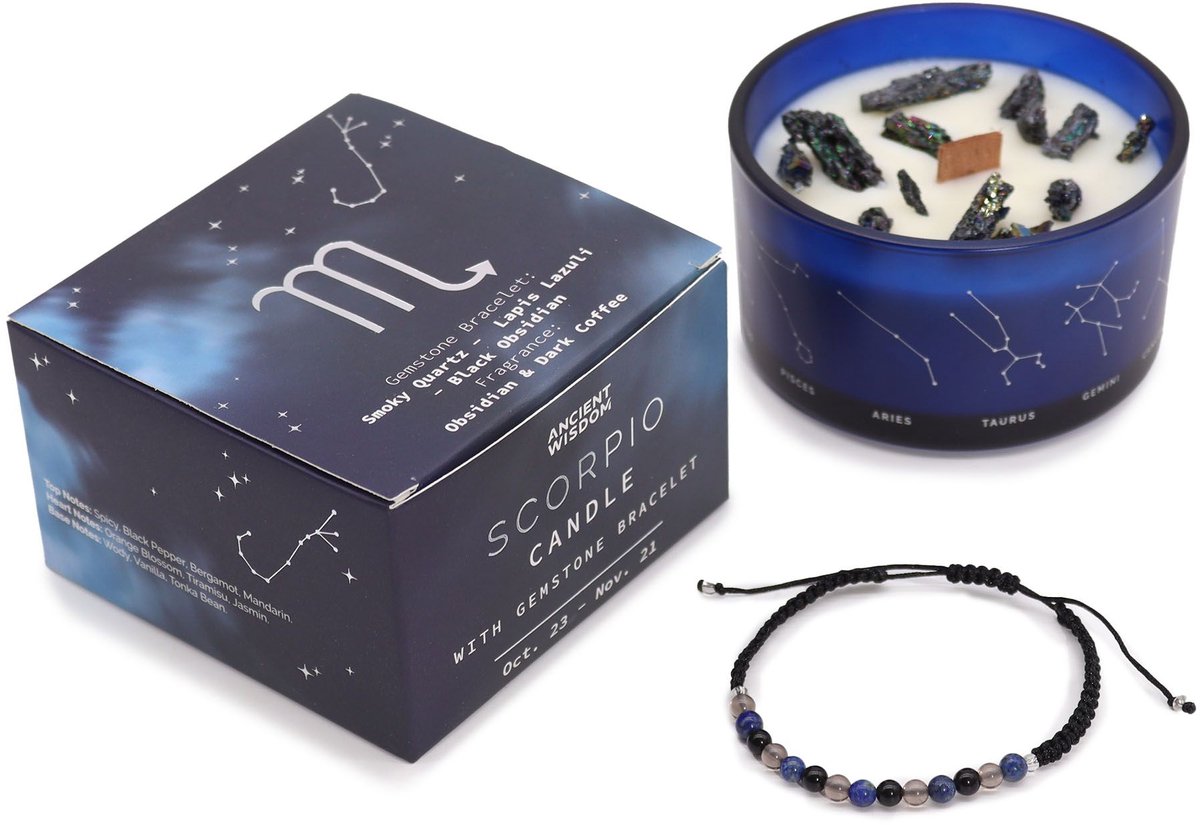 Ancient Wisdom Zodiac kristallen kaars met edelsteen armband - schorpioen - sterrenbeeld kaars - scorpio Scorpioen