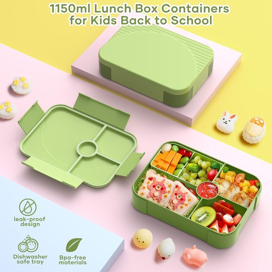 Amathley Lunch Box Adults/Kids,Bento Box Kids,1300ML- 5 vakken Lekvrij Lunchbox met sausdoos,Lunchbox Voor Volwassenen,Lunch Container,Snackbox