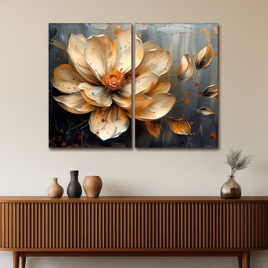 Ensemble de peinture sur toile 120x90 cm - Décoration murale diptyque - Bloem - Or - Abstrait - Peinture - Décoration murale salon - Décoration chambre - Accessoires chambre - Peintures sur toile
