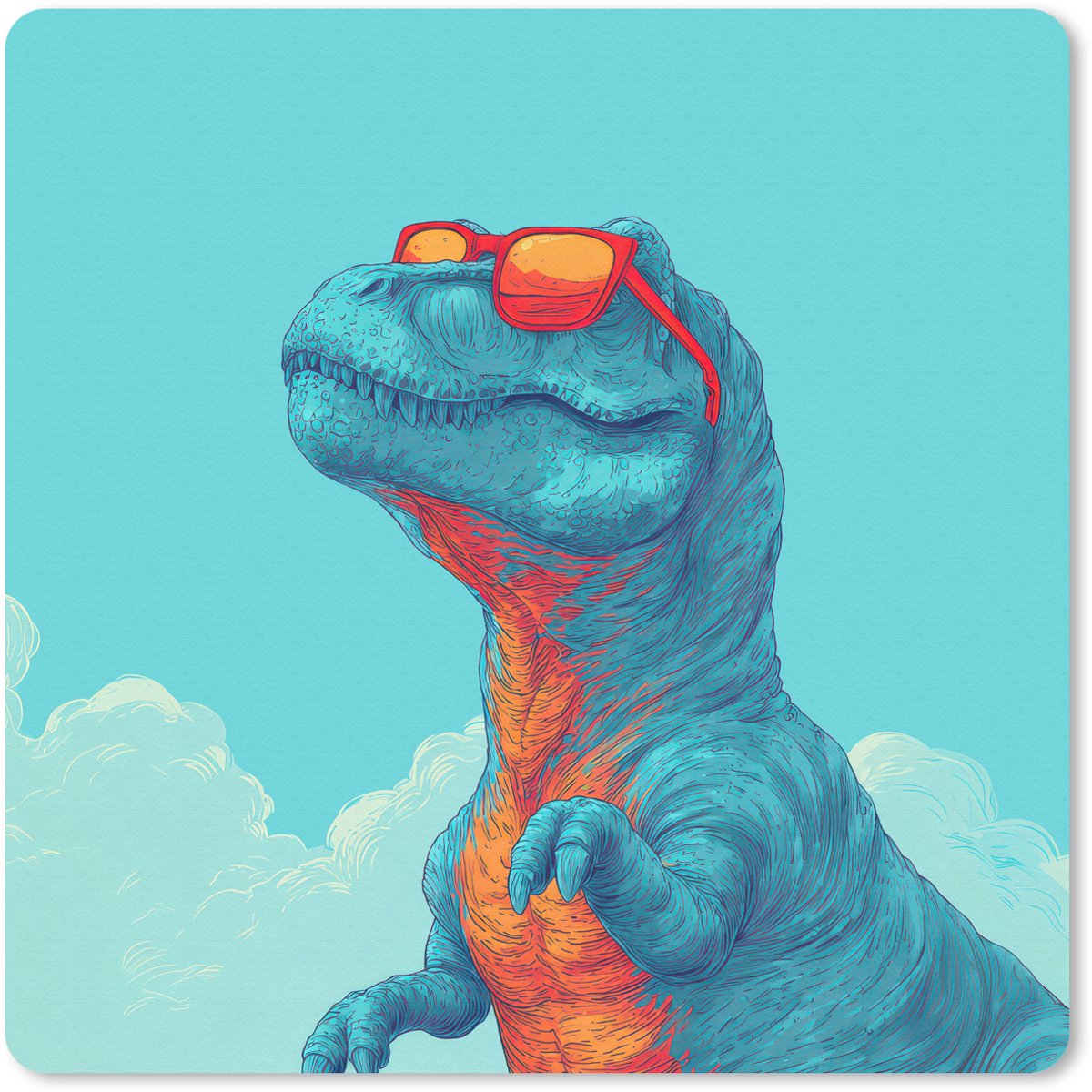 Muismat 20x20 cm - Mousepad T-Rex - Blauw - Wolken - Zonnebril - Muismatten
