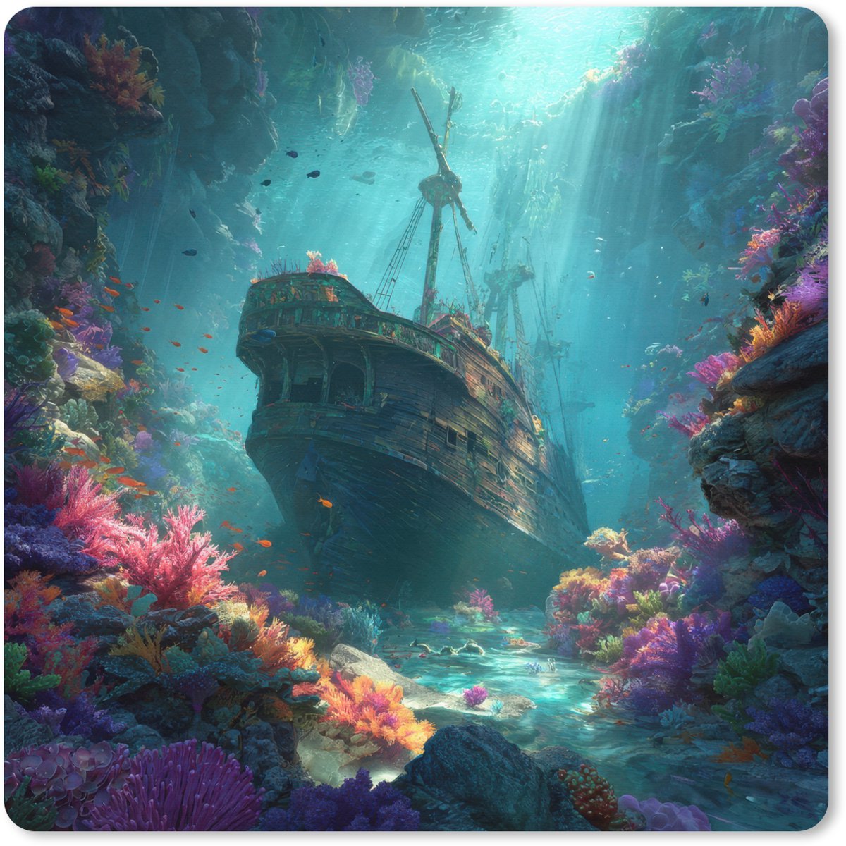 Muismat XXL 40x40 cm - Bureau onderlegger - Bureau mat Schip - Hout - Koraalriffen - Zonlicht - Bureaumat - Gaming mousepad xl - Bureaulegger groot - Computer deskmat