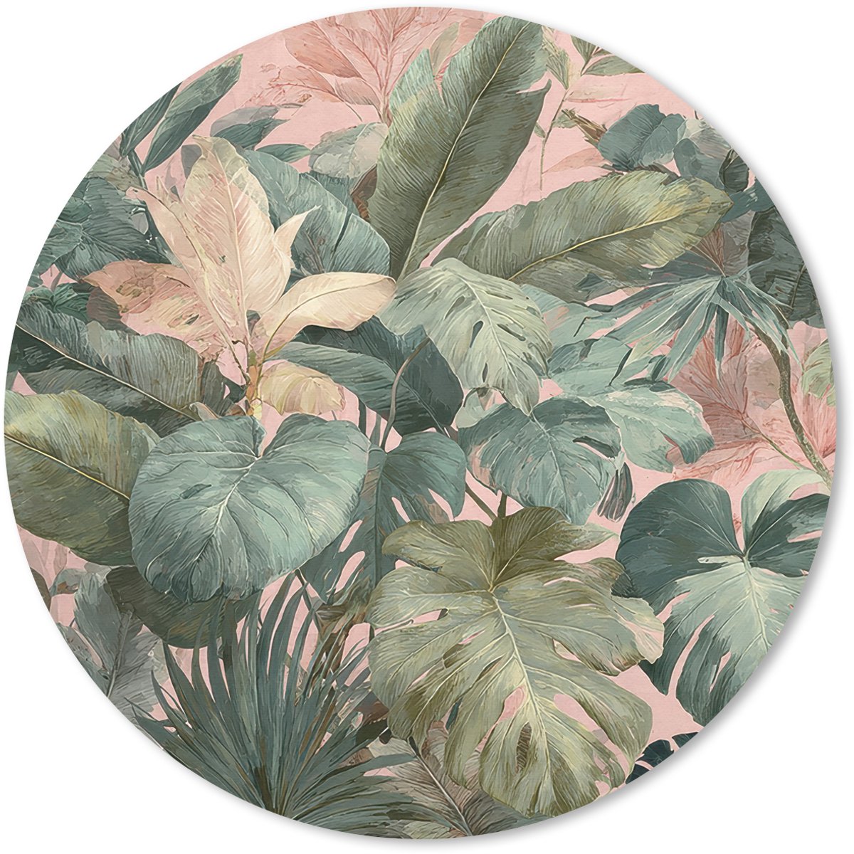 Muismat rond 20x20 cm - Mousepad Compositie van bladeren - Groen - Roze - Ronde muismatten