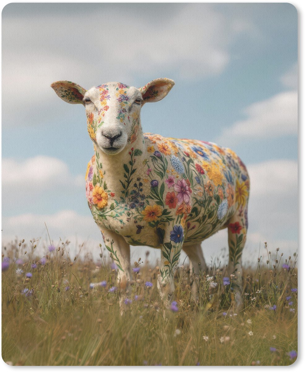 Muismat 19x23 cm - Mousepad Schaap - Bloemen - Weide - Muismatten
