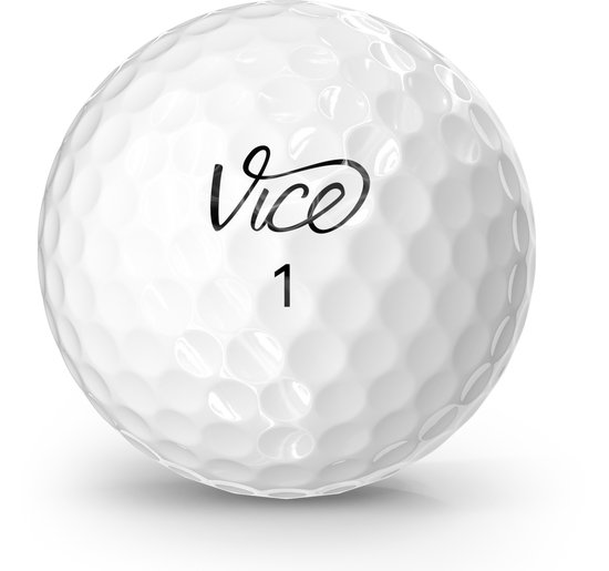 Witte golfbal met "Vice" logo en nummer 1, met dimples.