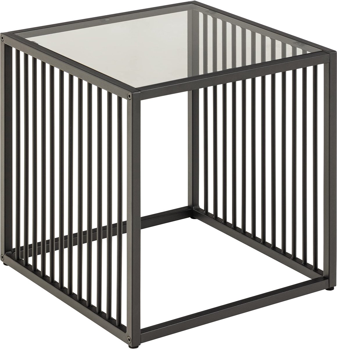 Azomor® Vierkante bijzettafel met glazen blad en metalen frame in industriële stijl