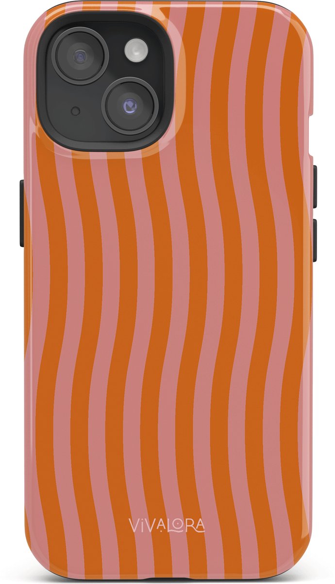 VivaLora Tough Telefoonhoesje iPhone 15 met MagSafe - Tropical Dream Print - 2-in-1 Phone Case - Hard Case & Siliconen Back - Extra Bescherming - Shockproof - Golvende strepen - Roze/Oranje