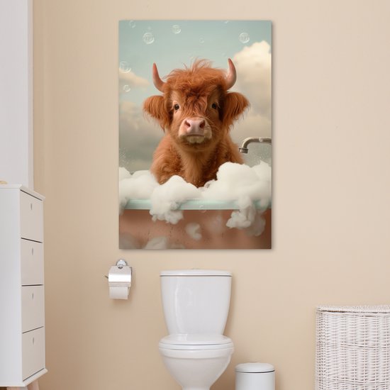Tableau toile 80x120 cm - Décoration murale salle de bain Highlander écossais - Bain - Mousse - Vache - Décoration murale murale WC - Accessoires décoratifs - Décoration murale Toilettes - Peintures sur toile