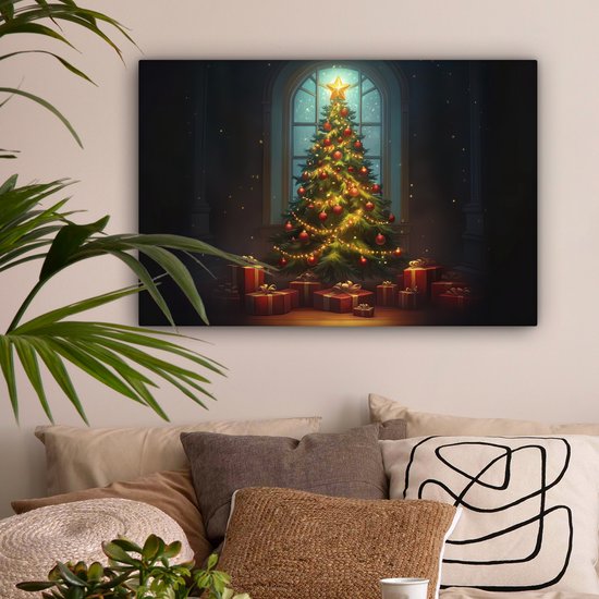 Canvas schilderij 60x40 cm - Wanddecoratie Kerstboom - Cadeau - Kerst - Winter - Muurdecoratie woonkamer - Slaapkamer decoratie - Kamer accessoires - Schilderijen op canvas - Kerstdecoratie voor binnen - Kerstversiering - Kerstmis versiering