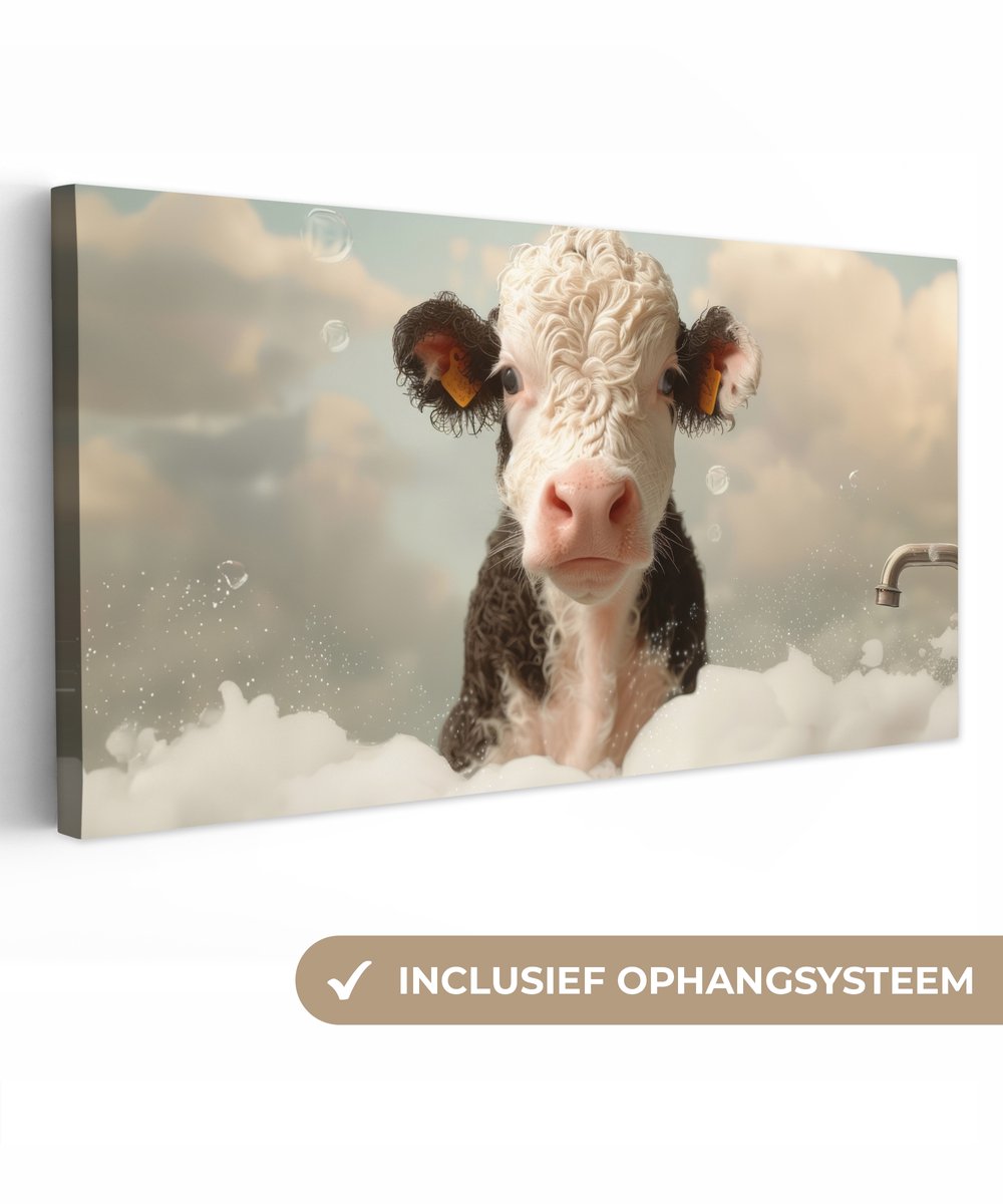 Canvas schilderij 40x20 cm - Wanddecoratie badkamer Kalf - Koe - Bad - Schuim - Dieren - M