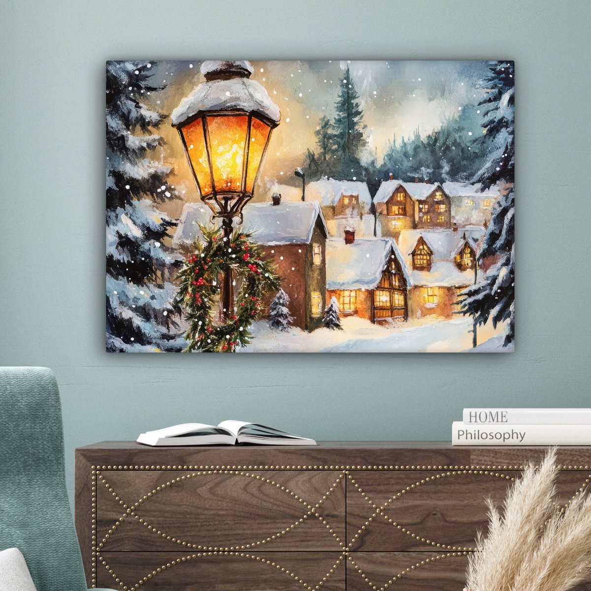 Canvas schilderij 80x60 cm - Wanddecoratie Kerstdorp - Huizen - Sneeuw - Kerst - Muurdecoratie woonkamer - Slaapkamer decoratie - Kamer accessoires - Schilderijen op canvas - Kerstdecoratie voor binnen - Kerstversiering - Kerstmis versiering – foto 3