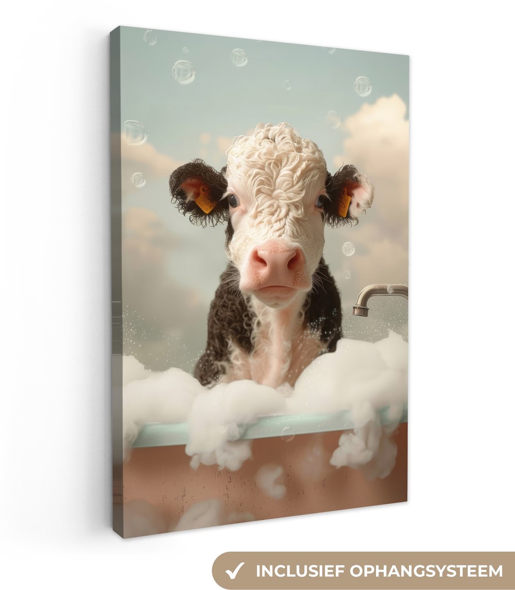 Canvas schilderij 60x90 cm - Wanddecoratie badkamer Kalf - Koe - Bad - Schuim - Dieren - M