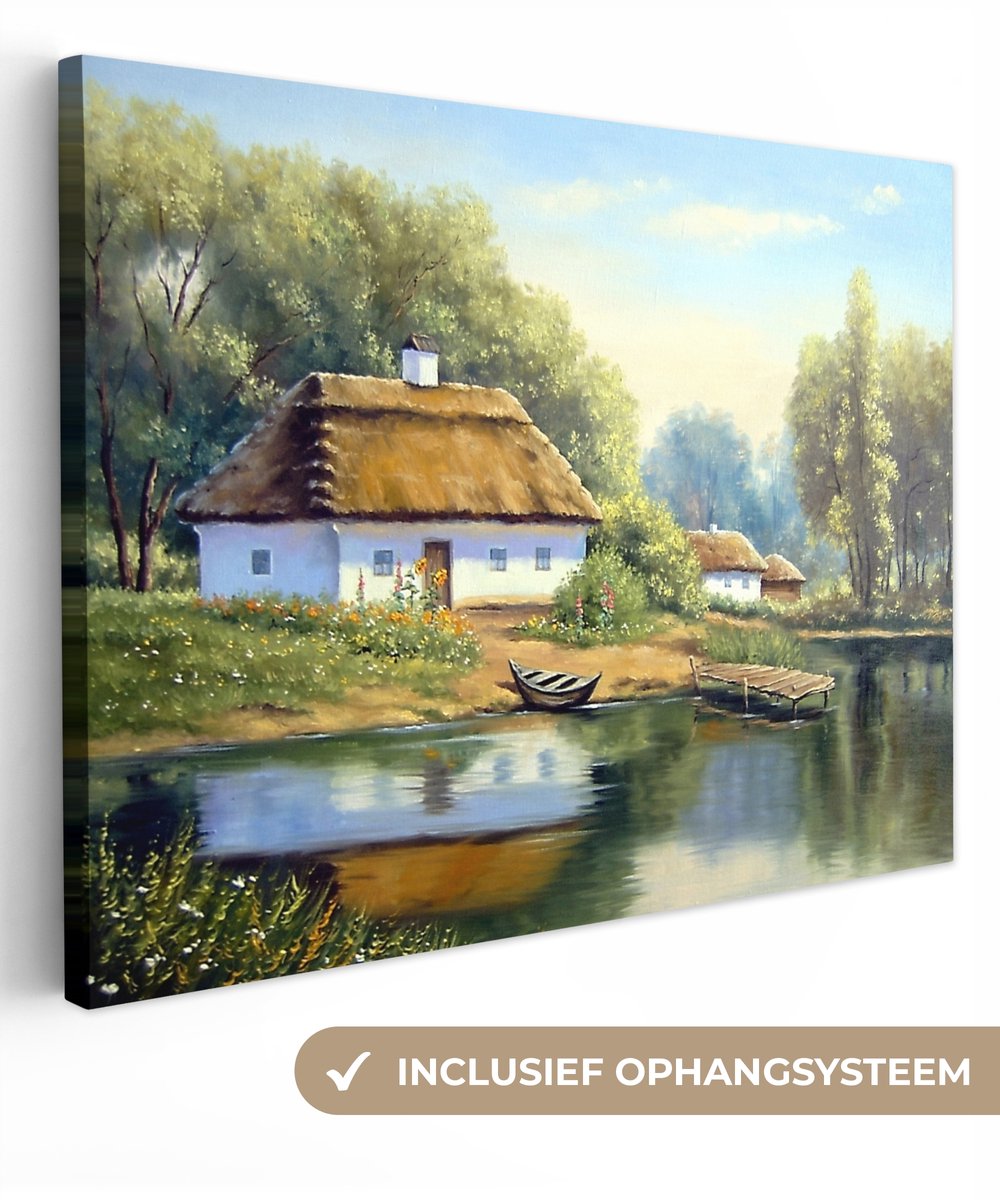 Canvas - Schilderij - Huis - Water - Boot - Kunst - Olieverf - Canvas doek - Schilderijen op canvas - 160x120 cm - Foto op canvas - Wanddecoratie - Woonkamer