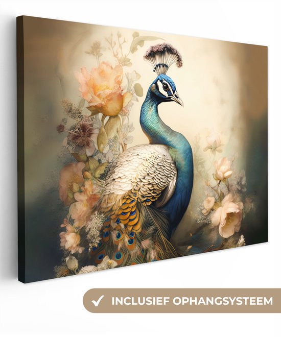 Peinture sur toile 40x30 cm - Décoration murale Paon - Plumes de paon - Fleurs - Vogels - Botanique - Décoration murale murale salon - Décoration chambre - Accessoires de chambre - Peintures