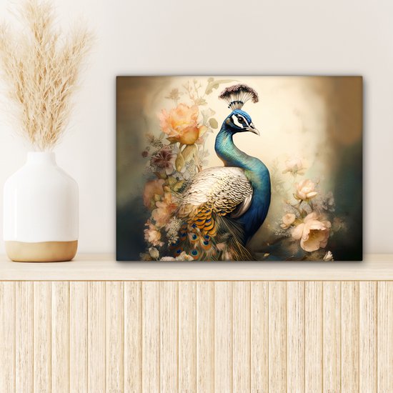 Peinture sur toile 40x30 cm - Décoration murale Paon - Plumes de paon - Fleurs - Vogels - Botanique - Décoration murale murale salon - Décoration chambre - Accessoires de chambre - Peintures