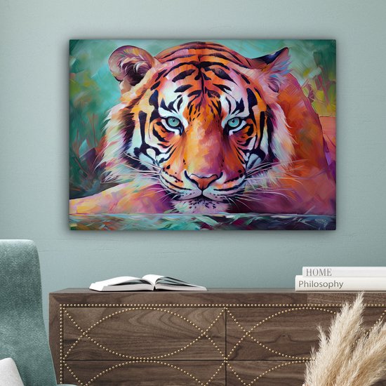 Canvas schilderij 80x60 cm - Wanddecoratie Tijger - Olieverf - Dieren - Kunst - Muurdecoratie woonkamer - Slaapkamer decoratie - Kamer accessoires - Schilderijen op canvas
