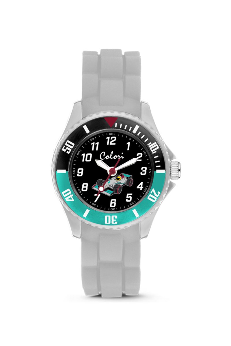 Colori Kidz 5-CLK135 Kinderhorloge - Siliconen Band - Ø 30 mm - 20 mm Wijzerplaat - F1 Racewagen - Grijs