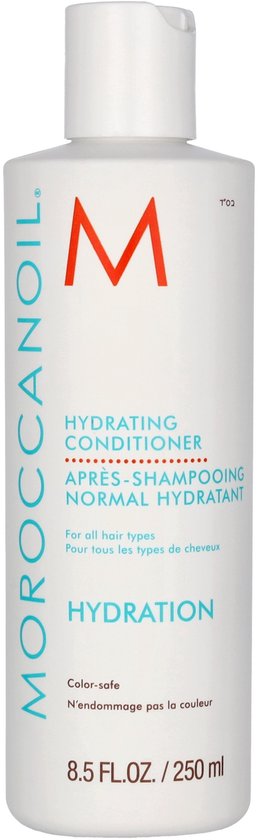 Witte Moroccanoil Hydrating Conditioner fles met oranje M-logo. Tekst in Engels, Frans.