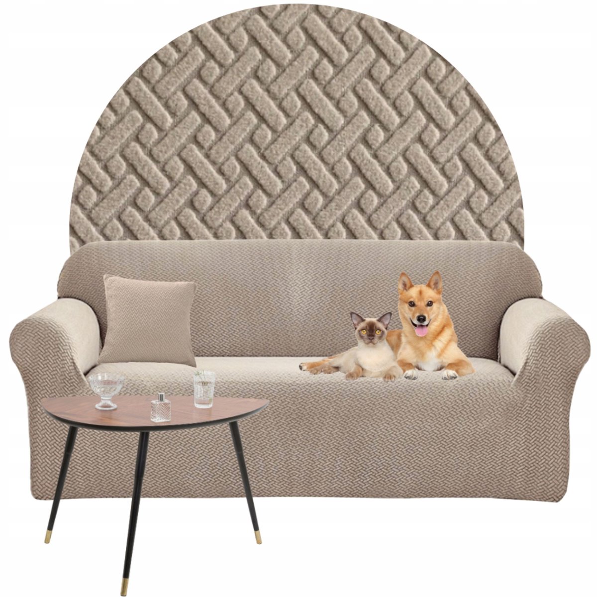 Elastische bankhoes jacquard visgraat 235-300 cm beige OEKO-TEX