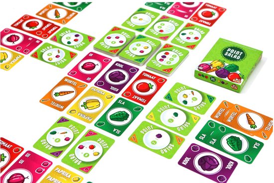 Kaartspel 'Point Salad' met kaarten met groenten: kool, ui, tomaat, wortel, paprika en sla.
