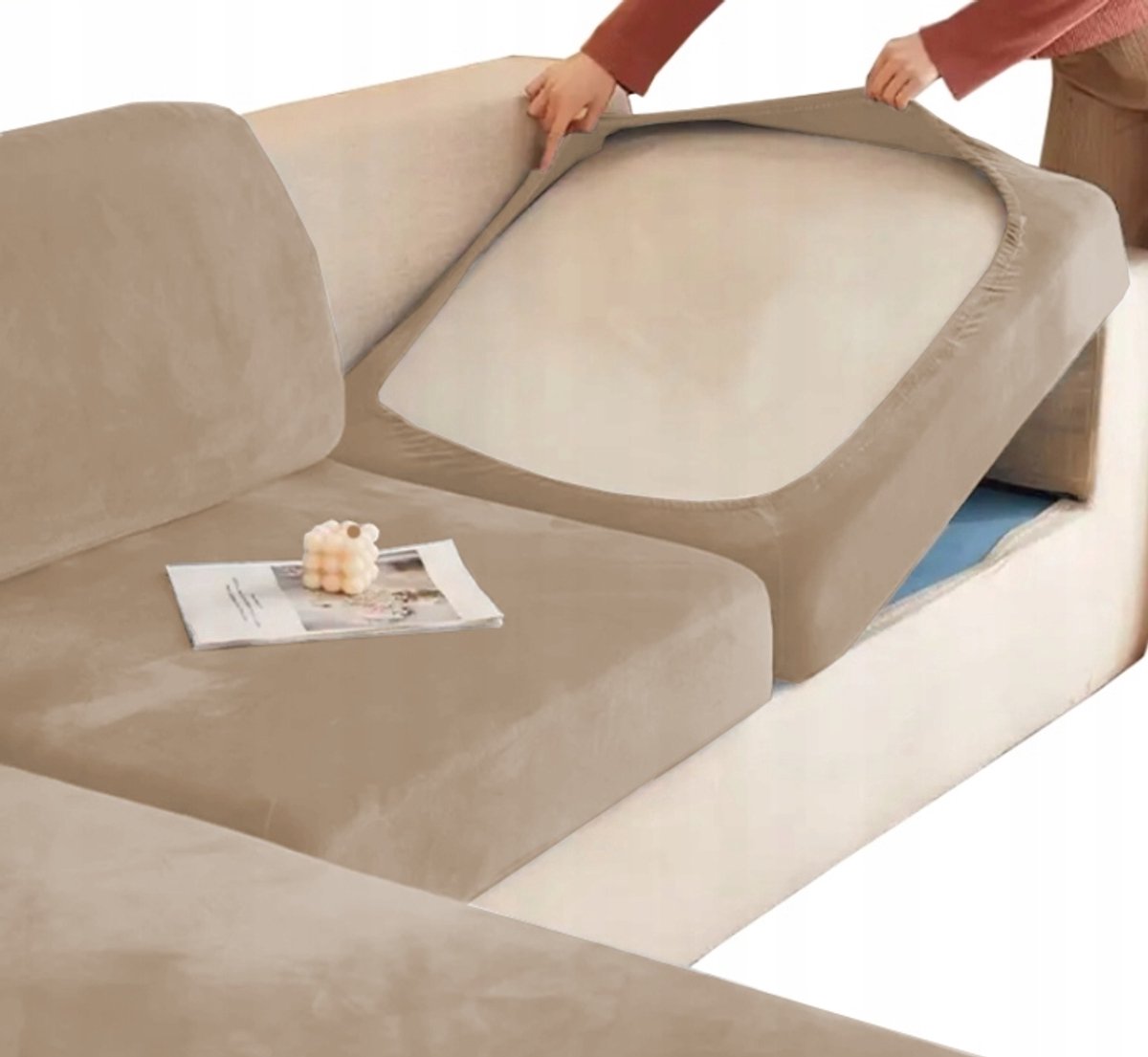 Elastisch Velours Sofahoes Zitvlak - Beige Cappuccino (60-90cm)