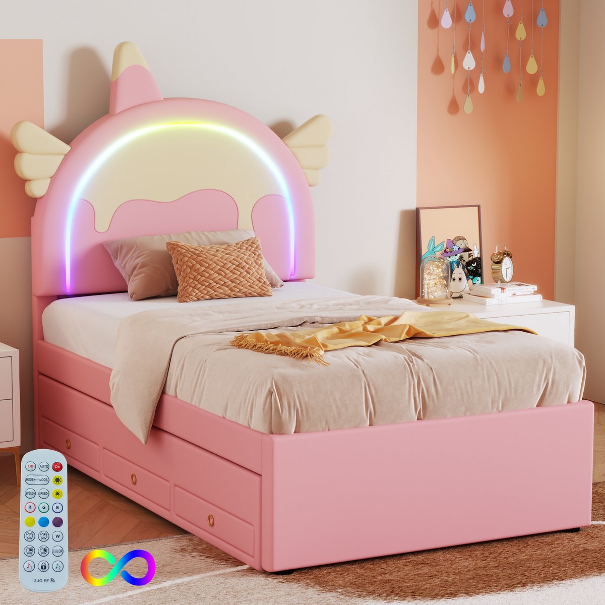 HAUSS SPOLE Peuterbed 90x200 - Kinderbed Eenpersoonsbed met Uitrolbed en 3-in-1 Lade, Eenhoorn Hoofdbord - PU - Roze — cadeau in Cadeau-ideeën - foto 3
