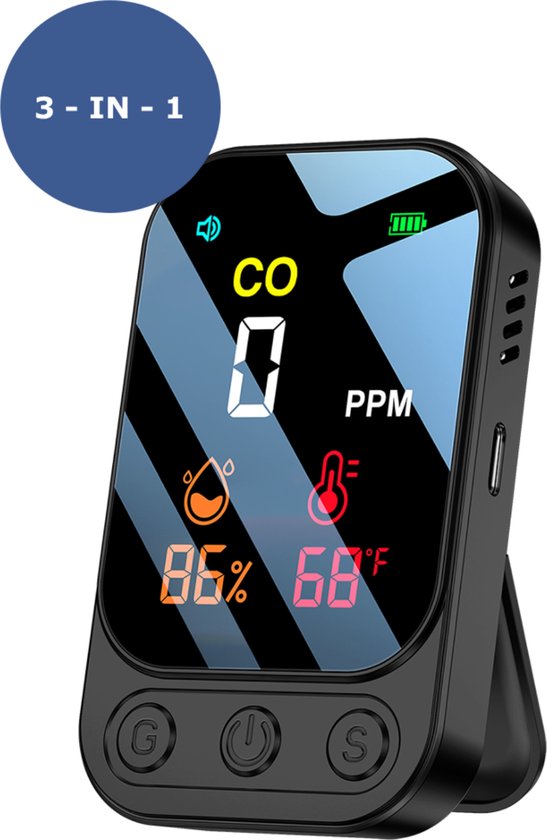 Heuts Goods - 3 in 1 Koolmonoxidemelder - CO Melder - Koolstofmonoxide Melder - CO meter - Luchtvochtigheidsmeter - Temperatuur meter - Zwart