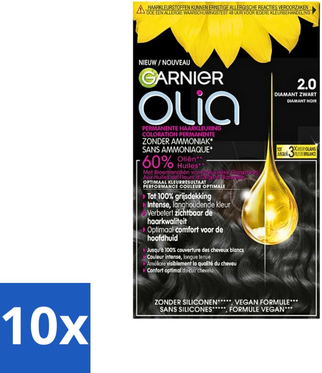 10 x Garnier - Olia 2 - Haarkleuring - Diamant Zwart - Zonder Ammoniak - 60% Olie - Permanente Kleur - Haarkleuring - Permanent - Zonder Ammoniak - Grijsdekking - Olie