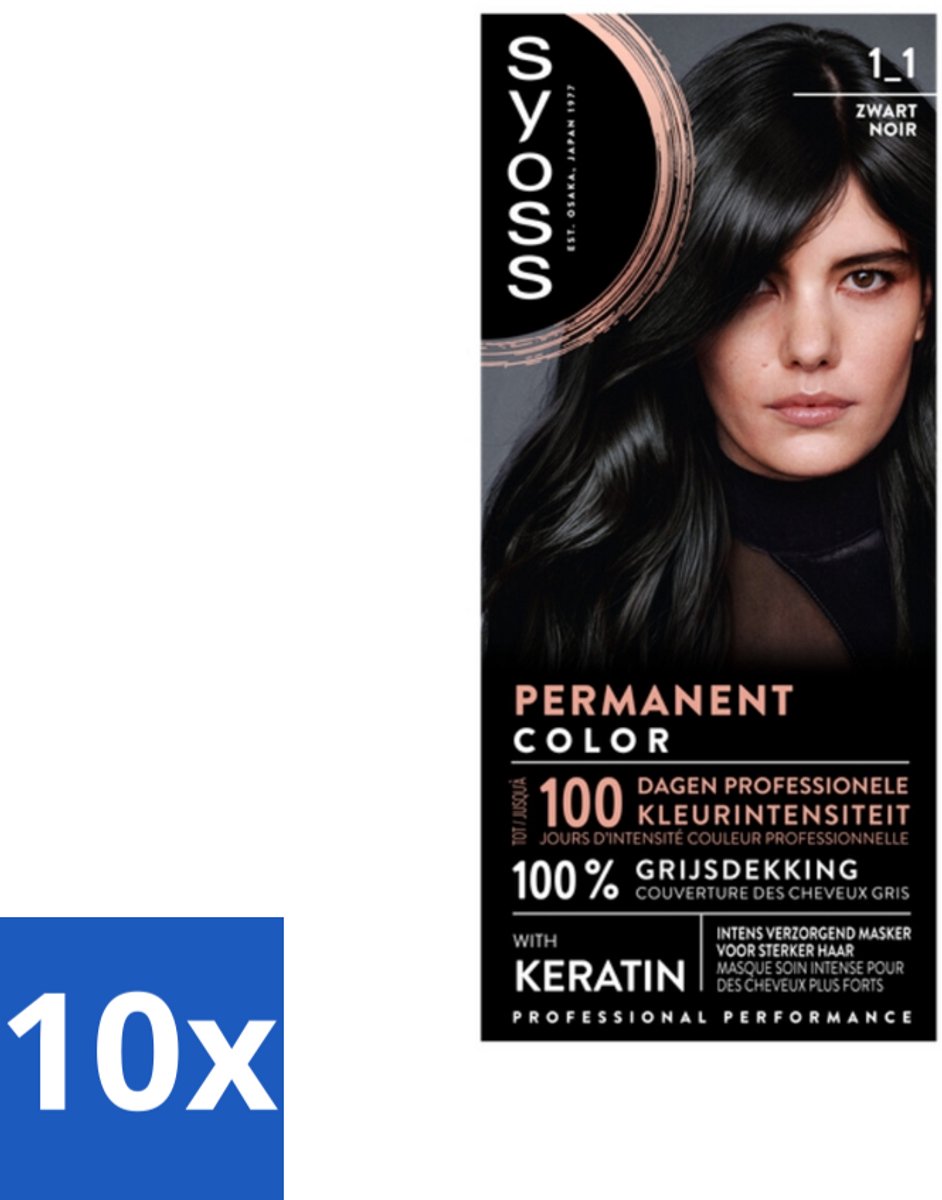 10 x SYOSS - Coloration 1-1 Zwart - Haarverf - Grijsdekking - Vermindert Haarbreuk - Haarverf - Permanente Haarkleuring - Grijsdekking - Keratine - Haarverf Zwart