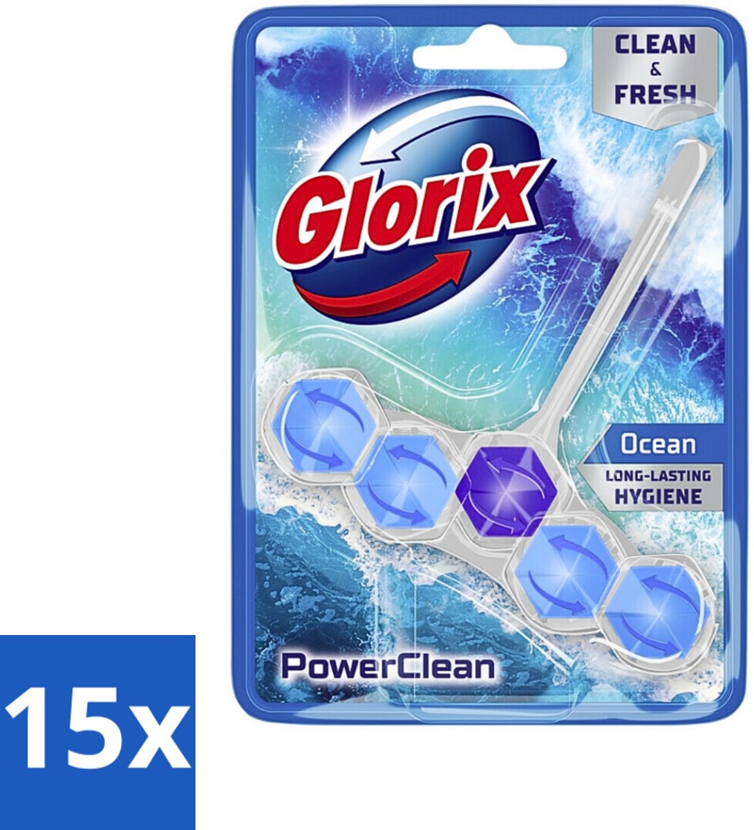 15 x Glorix - Toiletblok - Power Clean Ocean - Frisse Geur - 1 blok - Toiletblok - Oceaanfrisheid - Hygiëne - Reiniging - Anti-kalk