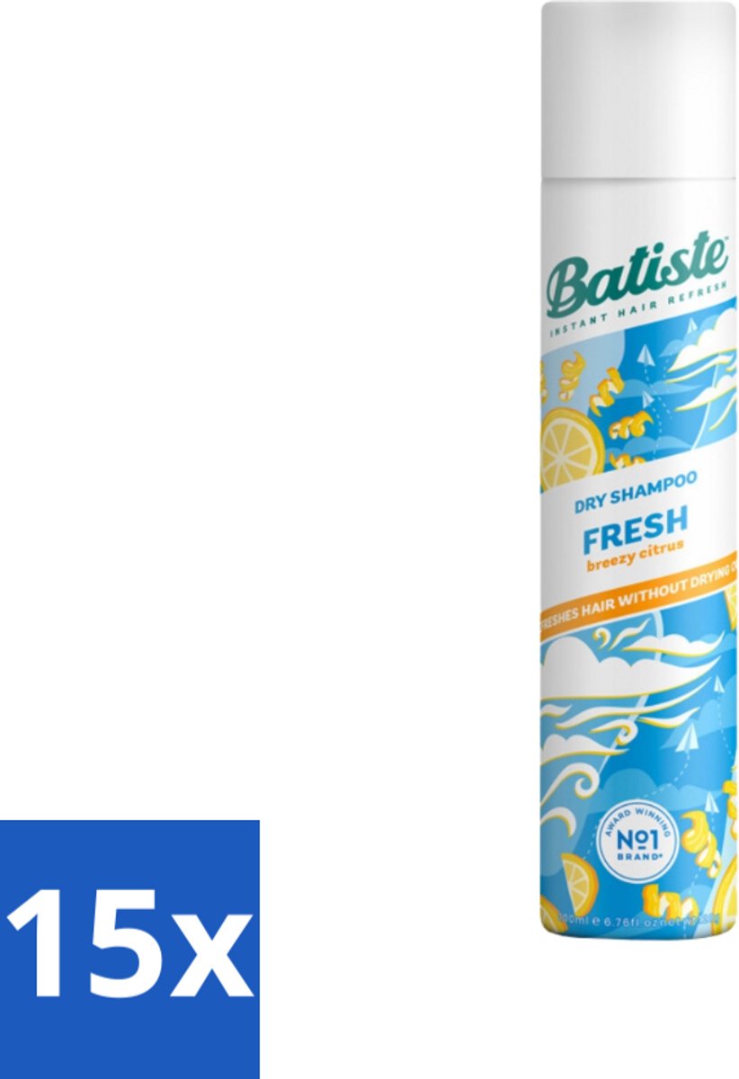 15 x Batiste - Fresh - Droogshampoo - Koele en Schone Geur - Verfrist en Geeft Grip - 200ml - Voordeelverpakking - 15 stuks