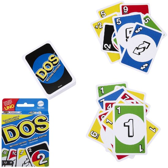 DOS spel met de doos en 2 waaiers met kaarten, waaronder nummers 1, 2, 5, 8, 9 en +2.