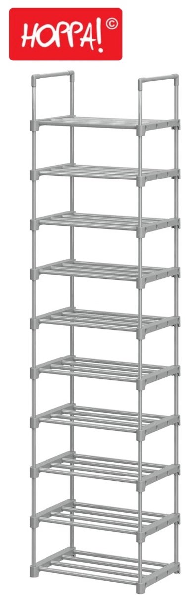 Hoppa! Schoenenrek met 10 planken - groot metalen DIY-rek - grijs - 30,5 x 45,5 x 175 cm (B x D x H)