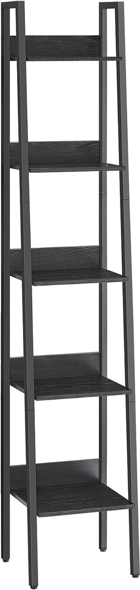 Hoppa! Boekenkast - 5 niveaus, Hoekplank, Staande plank, Vintage Bruin-Zwart Black with Wood Grain