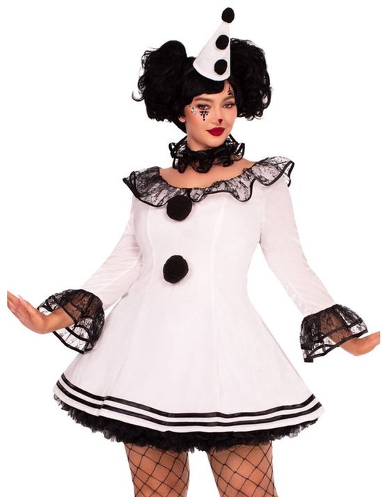 Leg Avenue - Plus Pierrot Clown Kostuum jurk - 3XL/4XL - Wit/Zwart