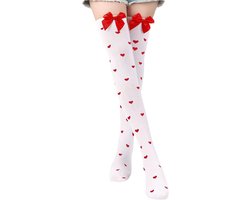 Witte dijhoge sokken met hart, strikken en over de knie voor vrouwen - feestelijke kniekousen, 37-40 EU