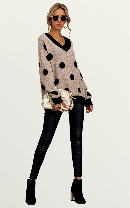 Wolmix V-hals trui in beige en zwarte stippenprint