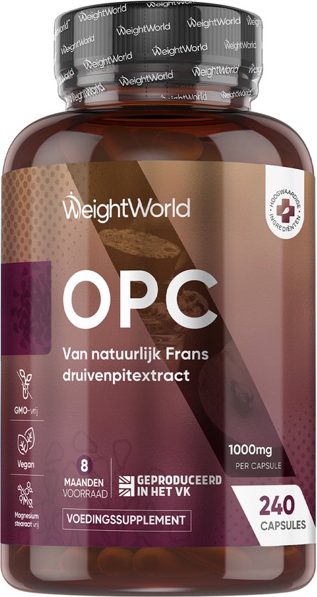 WeightWorld OPC Druivenpit-extract capsules - 1000 mg druivenpitextract - 950 mg OPC-antioxidanten (95%) - 240 vegan capsules voor 8 maanden voorraad