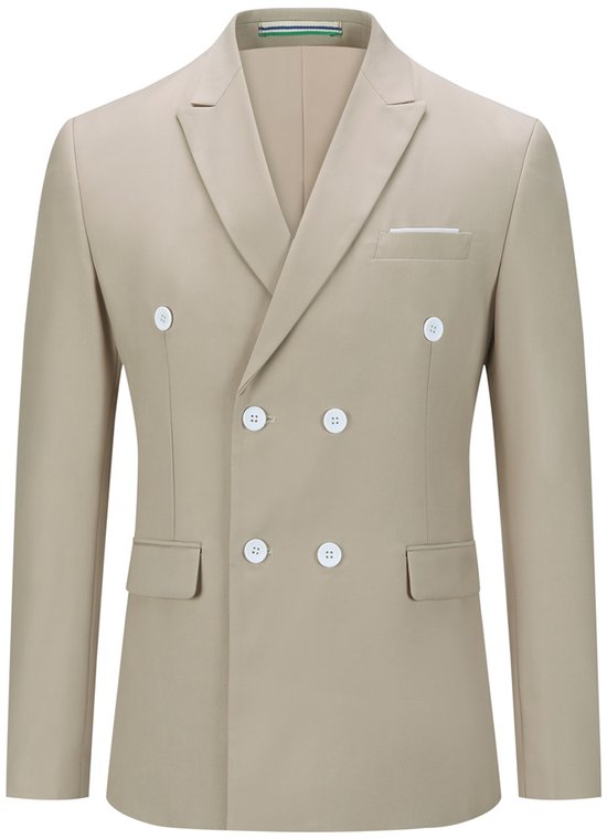 Lichtbruine dubbelrijige blazer met witte knopen en een borstzakje.