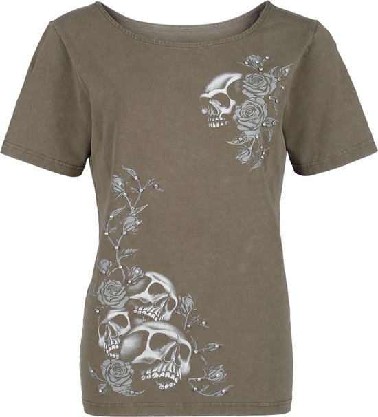 Groen T-shirt met korte mouwen, bedrukt met schedels en rozen.