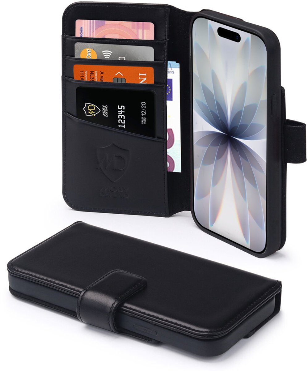 MobyDefend Hoesje - Geschikt voor iPhone 17 - Luxe Leren Wallet Bookcase - Zwart
