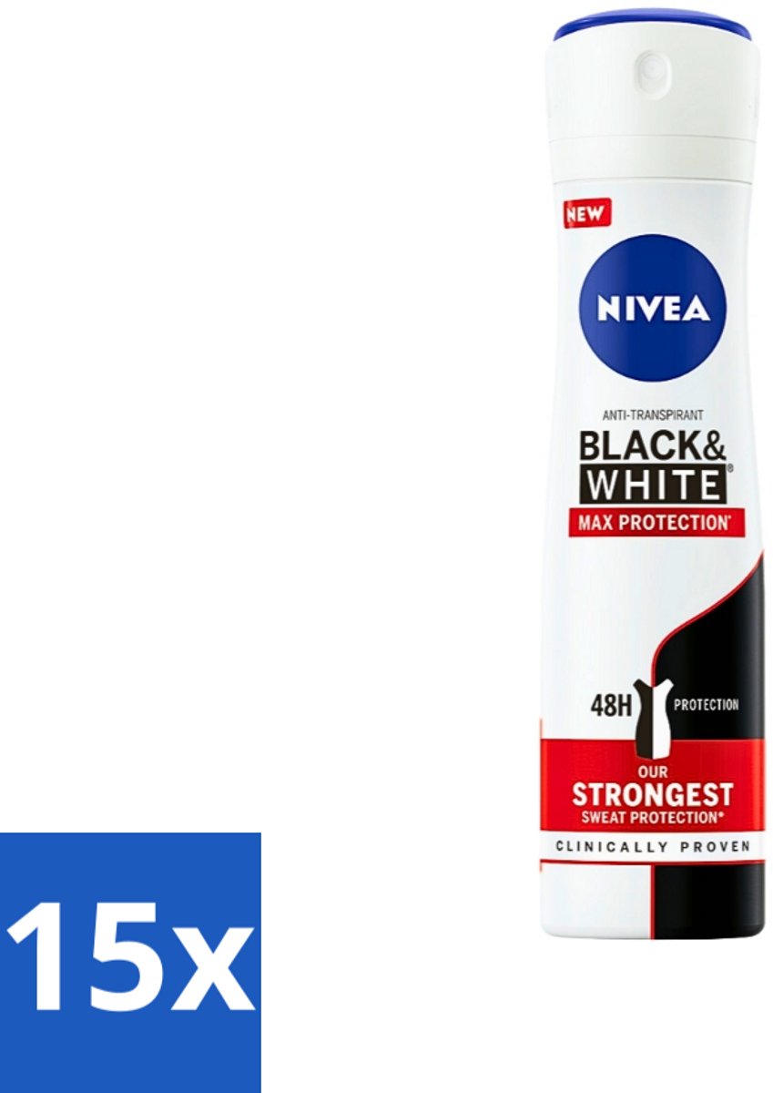 15 x Nivea - Deodorant - Spray - Black & White Max Protection - 150 ml - Anti-transpirant - Zweetbescherming - Vlekkenvoorkomend - Witte Strepen - Gele Vlekken