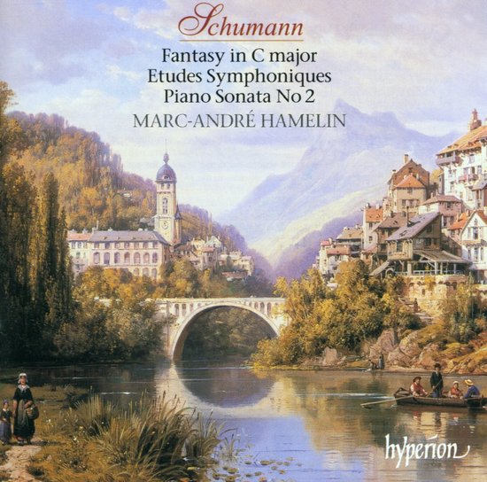 Schumann: Fantasy in C major, Etudes Symphoniques, Piano Sonata No 2 door Marc-André Hamelin. Een schilderachtige afbeelding van een rivier met een boot, een brug en een stad.