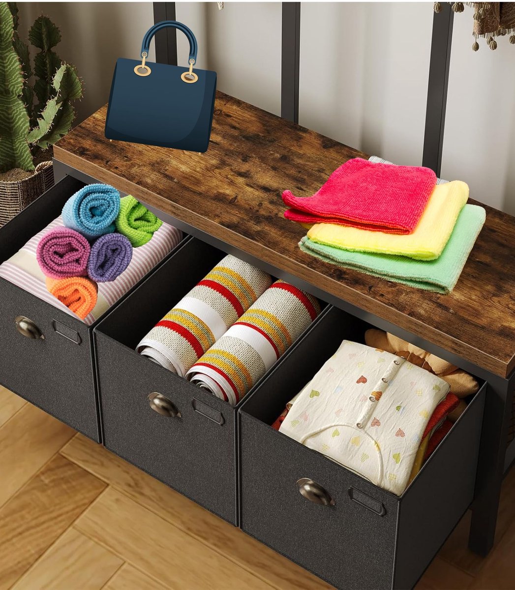 Signature Home XXL Garderoberek - Kapstok - Kapstok met schoenenrek - kledingrek met 24 haken - zitting met 3 opbergdozen - Bruin/Zwart - 100x 37x182 cm – foto 6