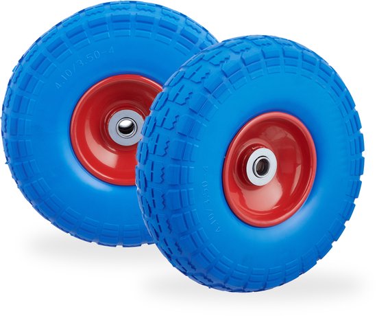 Relaxdays 4x roue de diable - 4.1/3.5-4 - caoutchouc - roue de diable - pneu anti-crevaison bleu-rouge